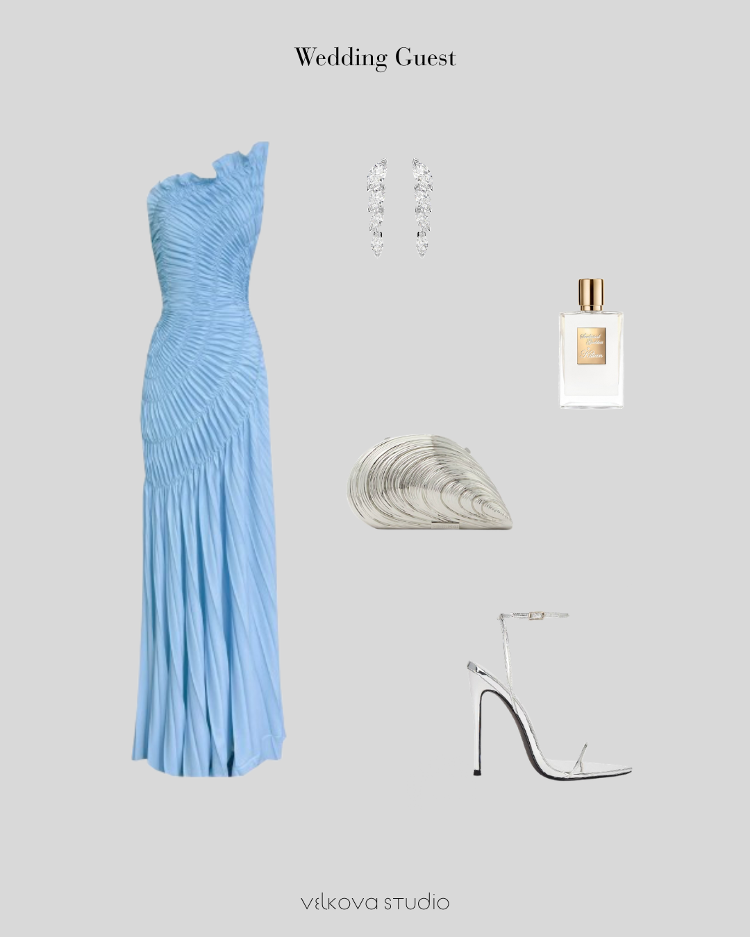 Editorial moodboard of a powder-blue pleated gown, crystal earrings, silver clutch, perfume, and silver heeled sandals