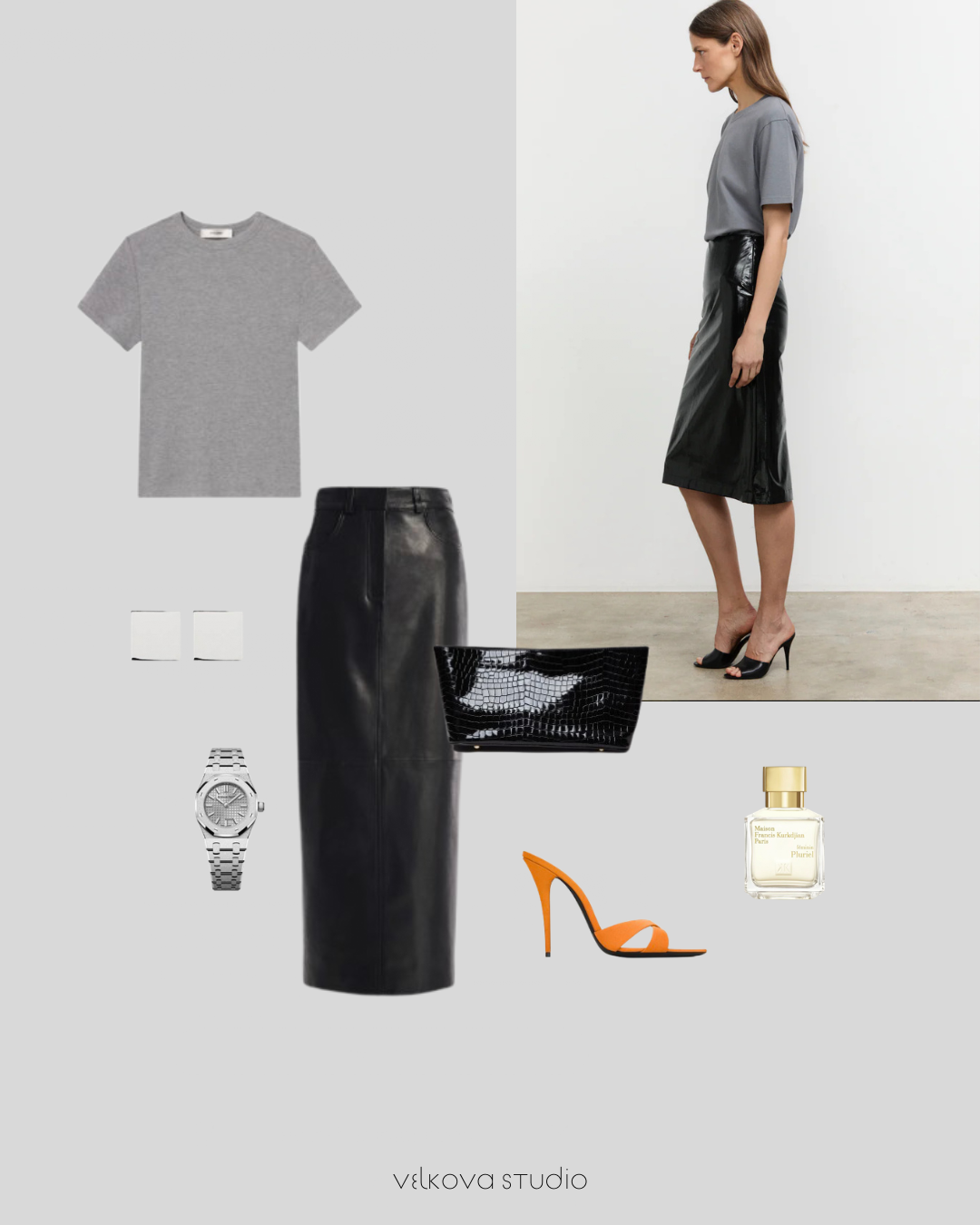 Editorial moodboard of a grey boxy t-shirt, black leather midi skirt, silver cube studs, black croc clutch, and orange satin heels