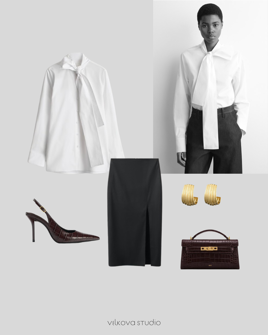 Editorial moodboard of a white pussy-bow blouse, black pencil skirt with slit, gold hoop earrings, and burgundy croc slingbacks and top-handle bag